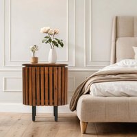 Carney Mango Wood Slatted Bedside Table with door - Warm Walnut
