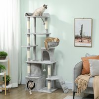 PawHut Large Cat Tree with 7 Scratching Posts and Tunnel - Light Grey