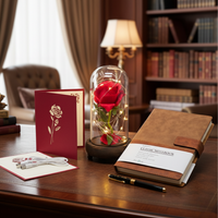 Rose In Glass LED Lamp with Notebook, Pen and Card - Red
