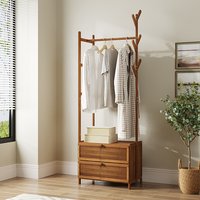 Multi-functional Wooden Coat Rack with Storage Drawers - Brown