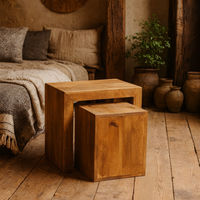 Manila Set of 2 Light Mango Wood Cube Nesting Tables Matt Finish - Brown