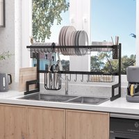 HOMCOM Space Saving 2 Tier Over The Sink Dish Drainer Rack - Black / 30cm / 93cm