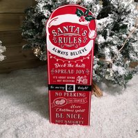 Metal Santa's Rules Sign Hanging Christmas Decoration - Red