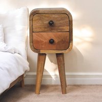 Solid Wood Extra Mini Curved Oak-ish Bedside, 2 Drawers - Brown