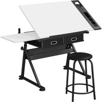 Adjustable Drafting Table with Stool - White