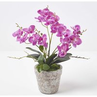 Homescapes 42cm Lifelike Artificial Purple Orchid in Grey Cement Pot - Purple