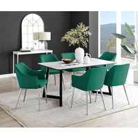 Carson White Marble Effect Dining Table and 6 Calla Silver Leg Chairs - Green
