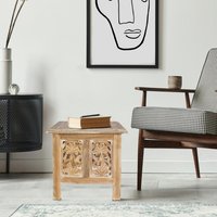 Square Carved Wooden Coffee Table Bedside End Table - Natural / 45cm