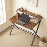 HOMCOM Folding Desk Study Table with 2 Tier Shelf for Home Office - Rustic Brown