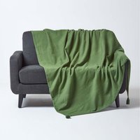 Homescapes Cotton Rajput Ribbed Throw - Olive / 200cm / 0.87kg
