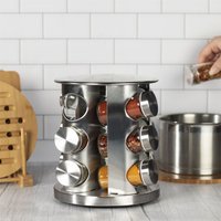 Revolving Spice Rack with 12 Glass Jars Included - Silver