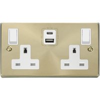 Satin Brushed Brass 2 Gang 13A Type A C USB Twin Double Switched Plug Socket - White