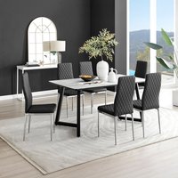 Carson White Marble Effect Dining Table and 6 Milan Chrome Leg Chairs - Black