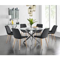 Novara Round Dining Table With Six Pesaro Gold Leg Chairs - Black