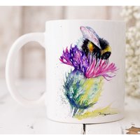 Bee and Thistle Watercolour Art Mug - Purple