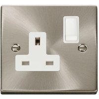Satin Brushed Chrome 1 Gang 13A DP Switched Plug Socket - White