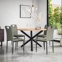 Malvern Round Oak Effect Dining Table Set w Black Oak Legs 4-6 Monza Linen Chair - Grey / 4