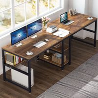 Double Desk with Bookshelf - Brown