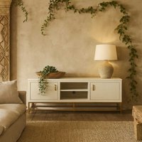 Wyld Haus Curitiba Cream Shagreen 2-Door TV Unit with Brushed Brass Base - White