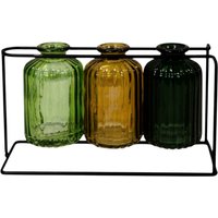Four Candle Three Glass Bottles with Stand 22cm Kitchen Set in Green