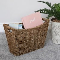 Seagrass Magazine Newspaper Holder Storage Basket Woven Rack With Handles 41cm - Brown