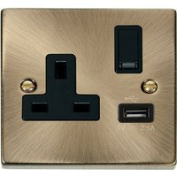 Antique Brass 1 Gang 13A DP 1 USB Switched Plug Socket - Antique Brass