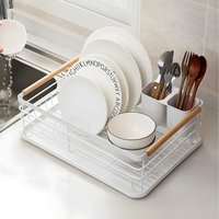 Kitchen Dish Drainer with Wooden Handles - White