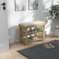 HOMCOM Bamboo Shoe Storage Bench, 3 Tier Shoe Bench with Cushion - cream white