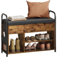 Cushioned Seat Shoe Storage Bench with Open Shelves - Rustic Brown