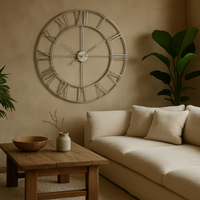 Wyld Haus 800mm Industrial Silver Open-Frame Wall Clock with Roman Numerals - Silver