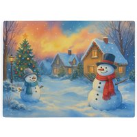 Snowman Scene Large Smooth Glass Worktop Protector - Christmas Kitchen Chopping Board - Multi