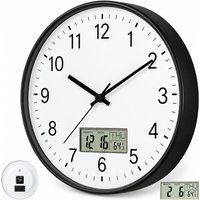 12 Inch Silent Wall Clock with Date and Day Temperature Day of Week LCD Display for Living Room LCD Digital Wall Clock Battery