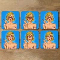 Pop art illustration woman paints her lips Designer Coaster Set - Blue