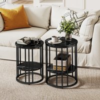 HOMCOM Round Coffee Table Set of 2 with Storage Shelf - Black
