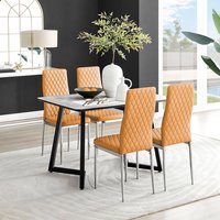 Carson White Marble Effect Dining Table and 4 Milan Chrome Leg Chairs - Mustard