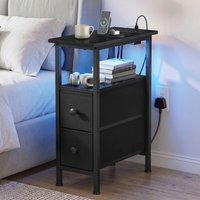 Side End Table with Charging Station, LED Lighting - Black