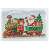 Santa's Toy Train Smooth Glass Worktop Saver - Small Christmas Chopping Board