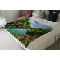 River In Mountain Forest Landscape Blanket - Green