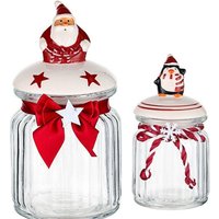Christmas Novelty Glass Santa and Penguin Jar Set - White & Red