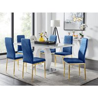 Giovani 6 Grey Dining Table and 6 Velvet Milan Gold Leg Chairs - Navy