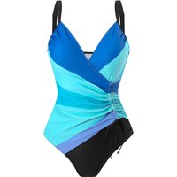 Women V Neck One Piece Swimsuit Ruched Tummy Control Bathing Suit - Blue / XL