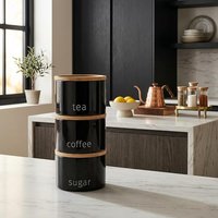 Stackable Tea Coffee Sugar Storage Jars 3Pk Round - Black
