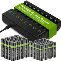 8-Way Charger, 16 x AA 2100mAh and 16 x AAA 800mAh Rechargeable Batteries - Black