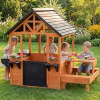 AIYAPLAY Wooden Playhouse for Kids with Table, Benches and Sink - Brown