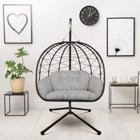 Rattan Effect Swing Egg Chair with Stand - Black / Large