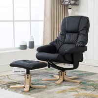 Leather Swivel Recliner Chair with Foot Stool - Black / 86cm