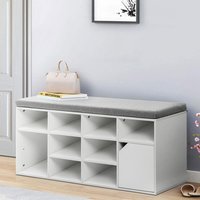 Hallway Shoe Storage Bench Cabinet With Linen Padded Cushion Seat - White