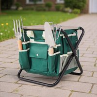 Garden Tool Set with Folding Chair and Storage Bag - Green