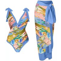 Printed One-Piece Swimsuit with Long Skirt - Blue / XL