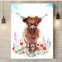 Highland Cow in the Meadow Canvas - Brown / 18 x 12 in